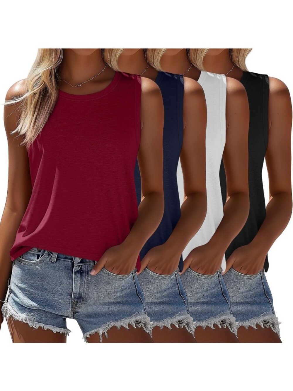 4 Pack Women's Sleeveless Loose Fit Tops - Casual, Lightweight, Summer